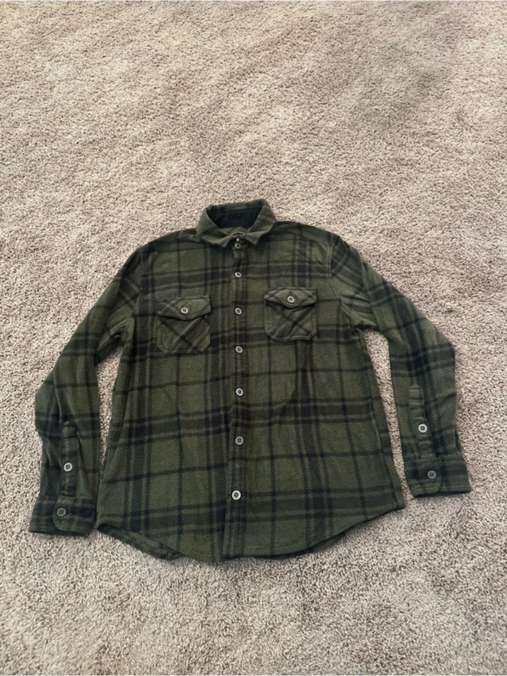 Freedom Foundry Men’s Olive Green Plaid Fleece Button Up Shirt Small